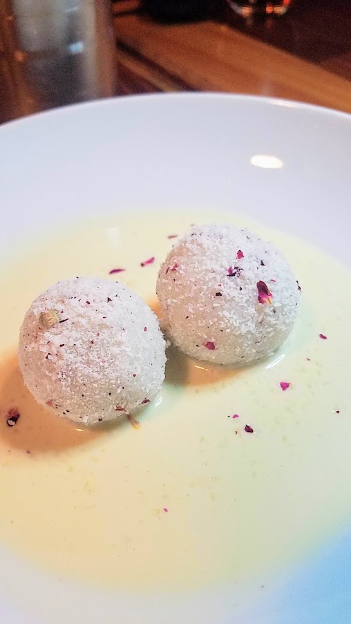 Dinner at Tiffin Asha, Coconut Ladoo with coconut milk, cardamom, rose petal