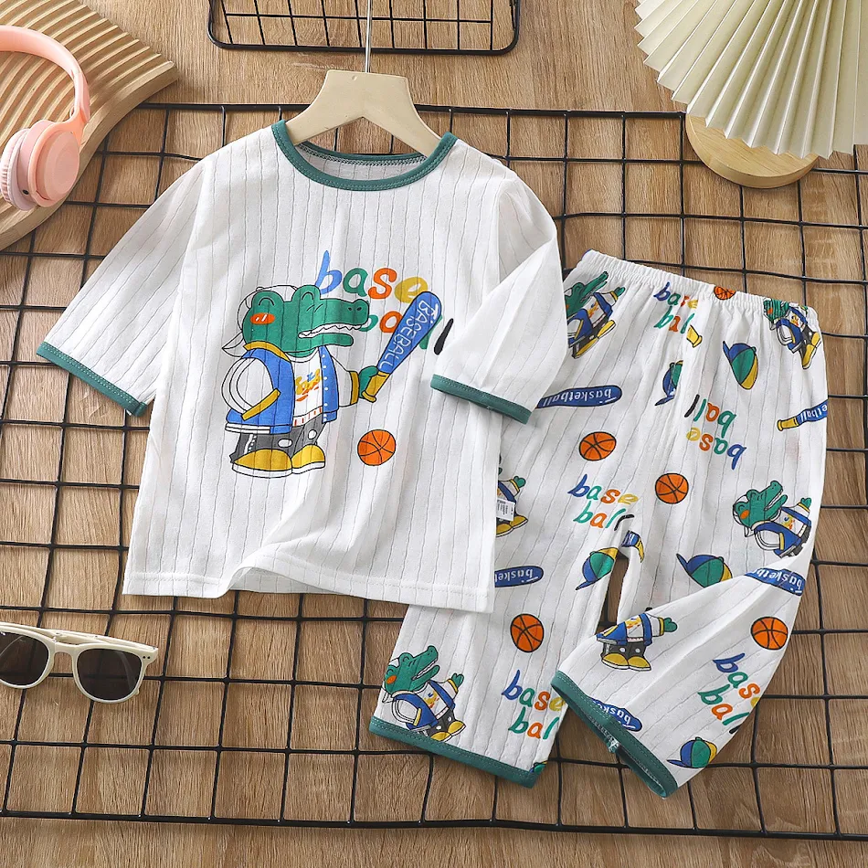 Kinder Baumwoll Homewear Anzug Langarm, Klimaanlagen Kleidung, atmungsaktiv und leicht für warme Sommernächte, bequemer Schlafanzug.