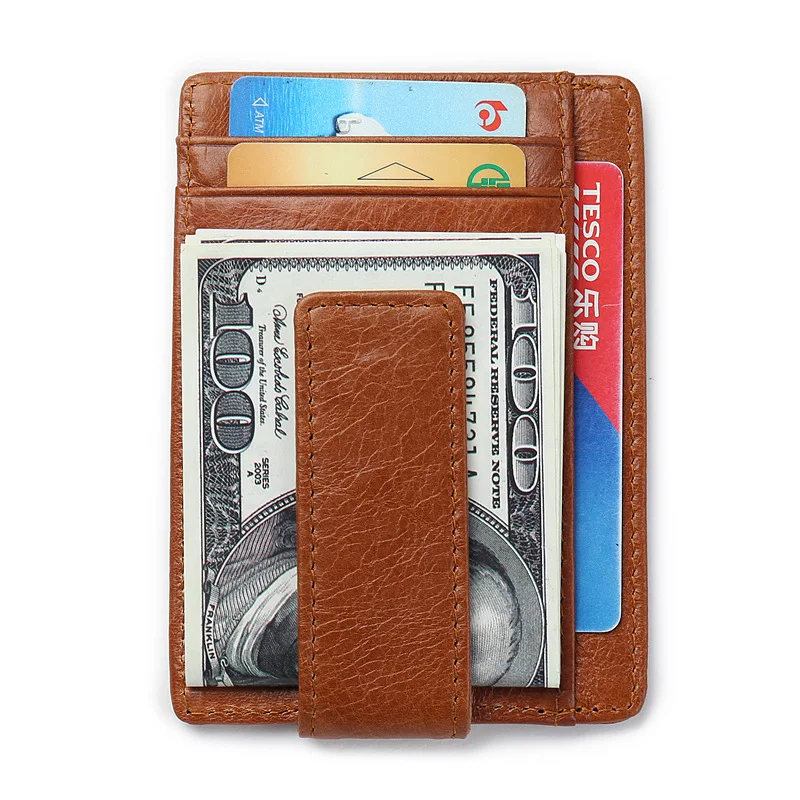 Heren leren portemonnee met magnetische geldclip, dunne RFID creditcardhouder voor bescherming tegen diefstal.