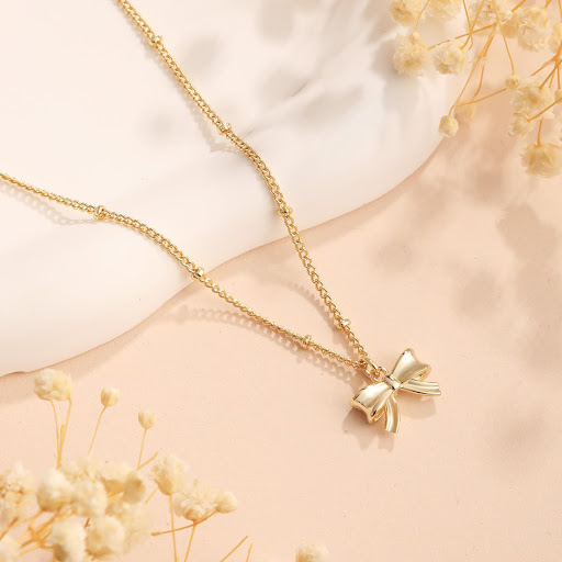 Title 1, Bow Necklace for Women, Golden Clavicle Chain, ...