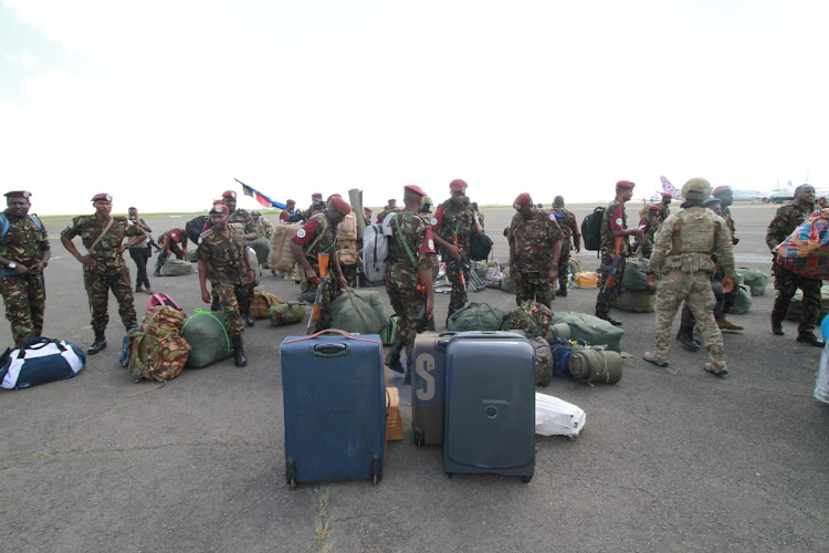 KDF troop from the Democratic Republic of Congo arrive at the Embakasi Garrison in Nairobi on December 21, 2023.