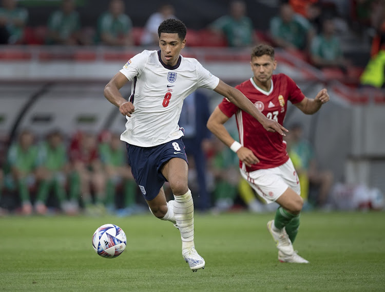 Jude Bellingham of England and Willi Orban of Hungary in action in the Uefa Nations League, League A Group 3 match between at Puskas Arena in Budapest on June 4 2022.