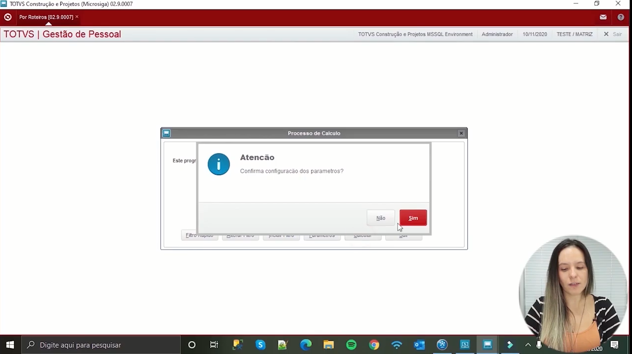 Folha de pagamento: Confirmando as informações dos parâmetros.