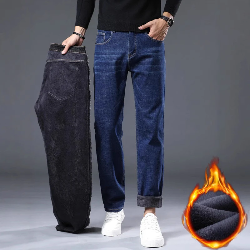 Winter Fleece-gefütterte Herren Jeans in Übergröße, lockere Straight-Fit Freizeithosen, dick und warm für kalte Tage