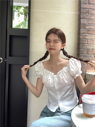Title 6, Summer Design Sense Wooden Ear Puff Sleeve Shirt