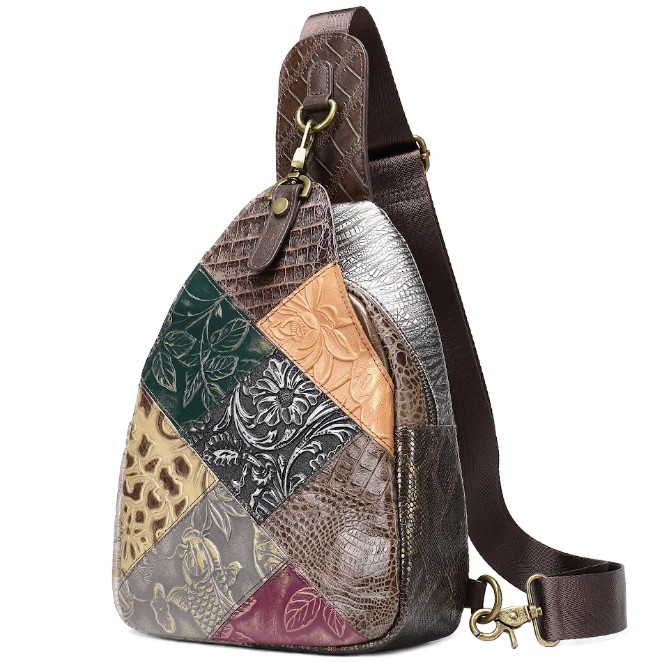 Sacoche de poitrine femme en cuir véritable style ethnique rétro, pratique et élégante, idéale pour un look vintage et transporter vos essentiels.