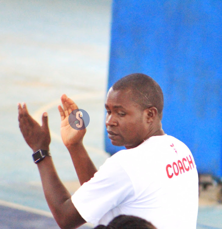 Zetech Sparks Coach Maurice Obilo cheers his team during their final matchagainst KPA at Ulinzi Sports Complex on May 12, 2024/