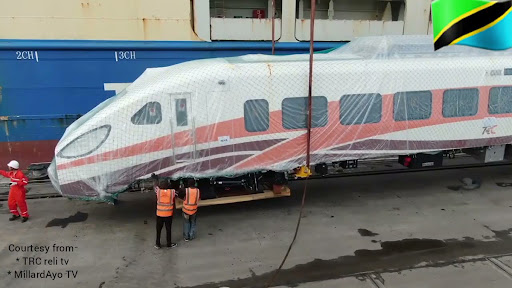 Tanzania’s first set of Electric Multiple Unit trains from Hyundai Rotem in South Korea at the Dar es Salaam port.