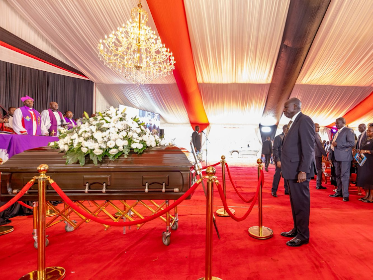 Deputy President Rigathi Gachagua pays last respect to the Late Julius Kano Ndumbi former Principal of Kianyaga High School in Gichugu, Kirinyaga on May 21, 2024