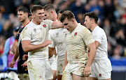 Theo Dan of England celebrates with Owen Farrell after scoring his team's second try during the Rugby World Cup France 2023 Bronze Final match against Argentina at Stade de France on October 27 2023 in Paris, France.