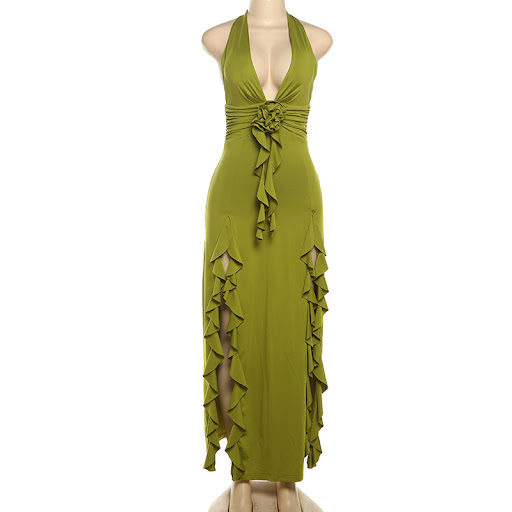 Title 5, Womens Deep V-neck Halter Split Flower Dress, ...