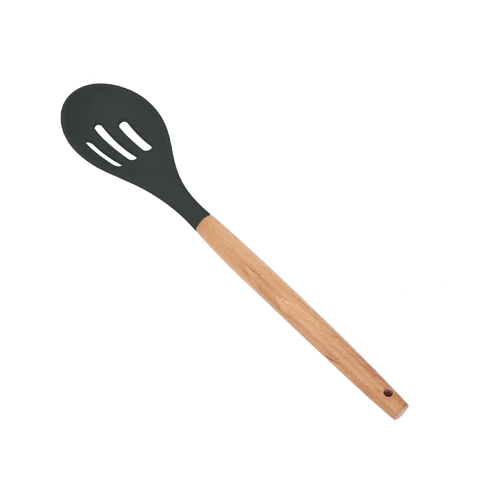 Set di utensili da cucina in silicone con manico in legno, antiaderenti e resistenti al calore, per cucinare senza problemi.