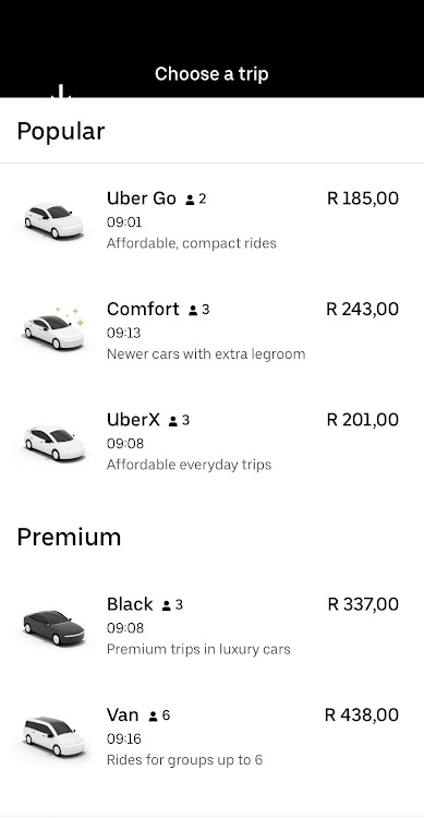 Uber prices for a trip to the airport in Johannesburg.