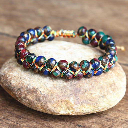 Title 1, Colorful Tigers Eye Bead Bracelet Hand-woven a...