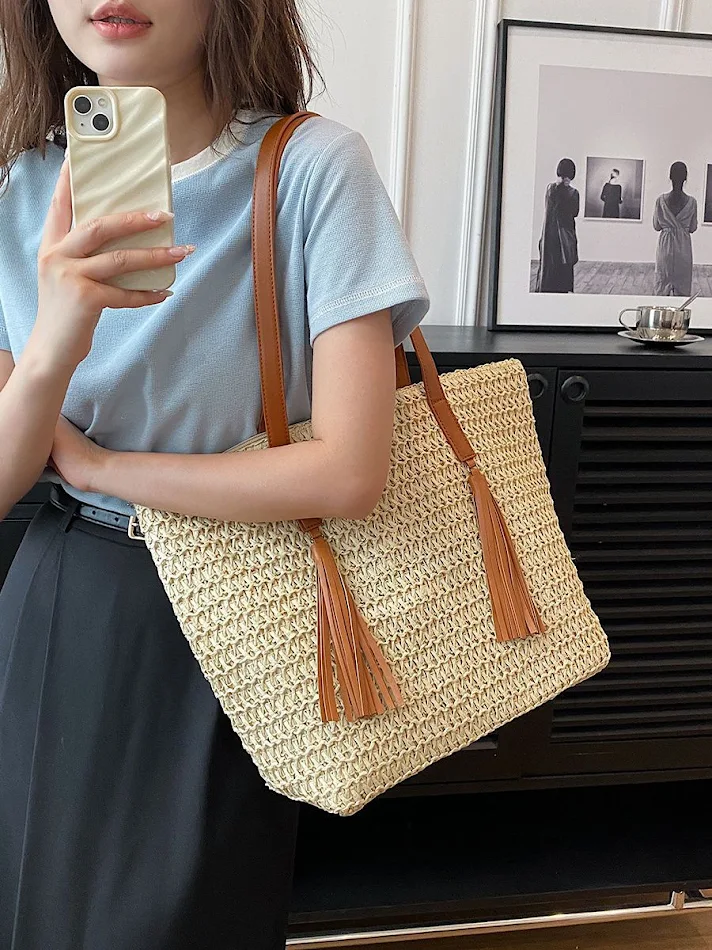 Bolsa de ombro artesanal grande em algodão e linho, com grande capacidade de armazenamento, perfeita para carregar tudo o que você precisa com estilo.
