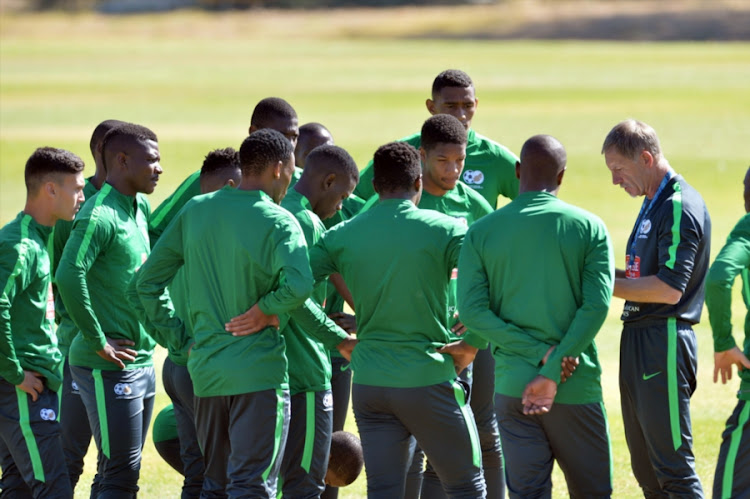 Stuart Baxter speaks to the players during the South Africa National team training at Royal Marang Hotel Phokeng on June 29, 2017 in Rustenburg, South Africa.