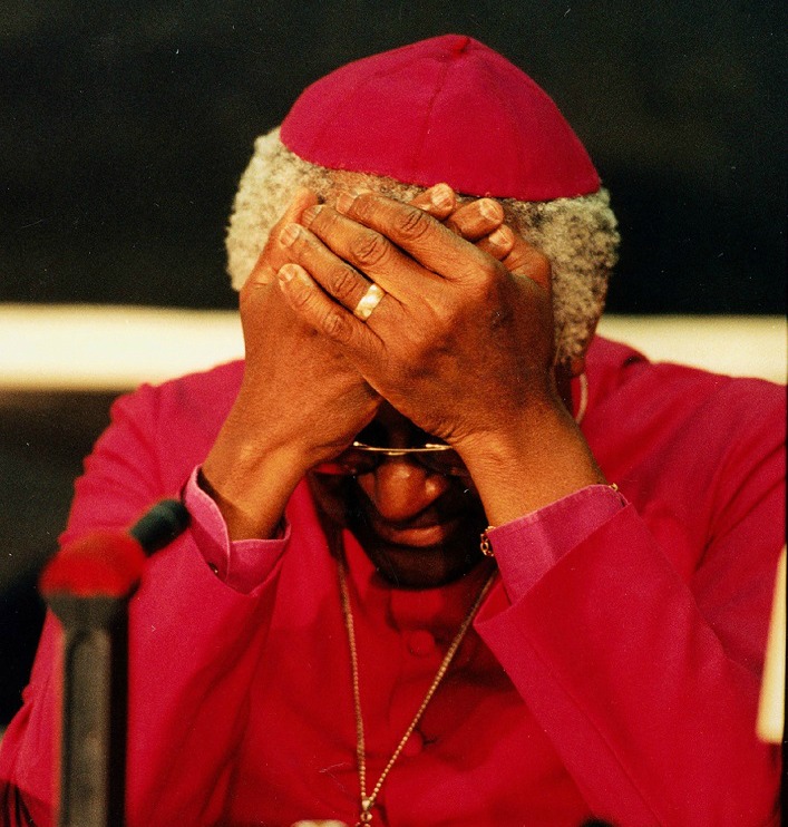 Archbishop Desmond Tutu breaks down in tears at the Truth and Reconciliation Commission (TRC) in 1997.