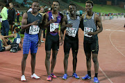 Akani Simbine, Henricho Bruintjies, Clarence Munyai and Gift Leotlela after the mens 4x100m relay during the ASA Speed Series 4 at Germiston Stadium on March 22, 2017 in Johannesburg, South Africa.