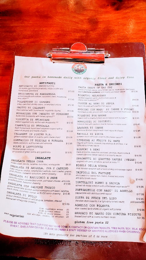 Menu at Maccheroni Republic in downtown LA offering homemade fresh organic pasta