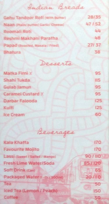 Delhi Darbar Express menu 
