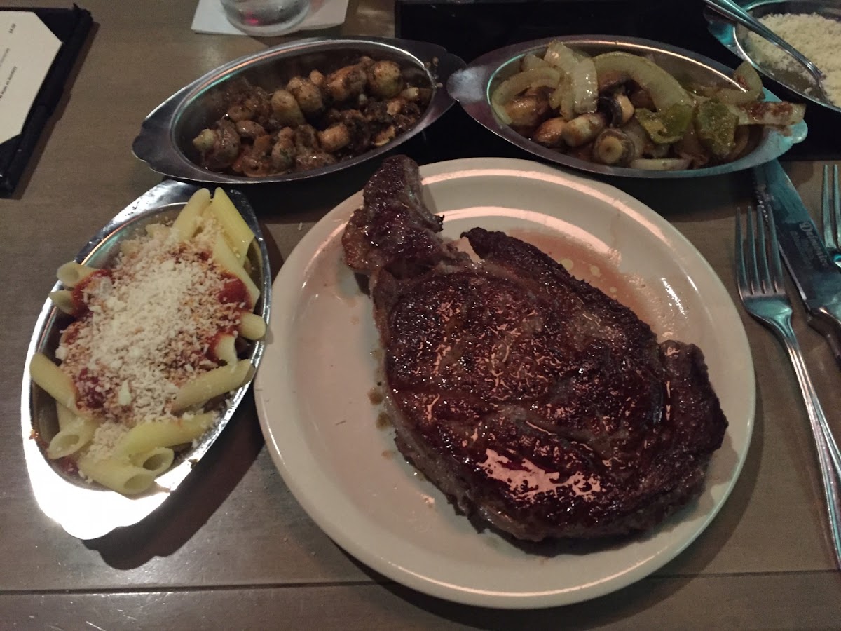 Delmonico's Delmonico with GF penne, mushrooms, and hot peppers & onions.