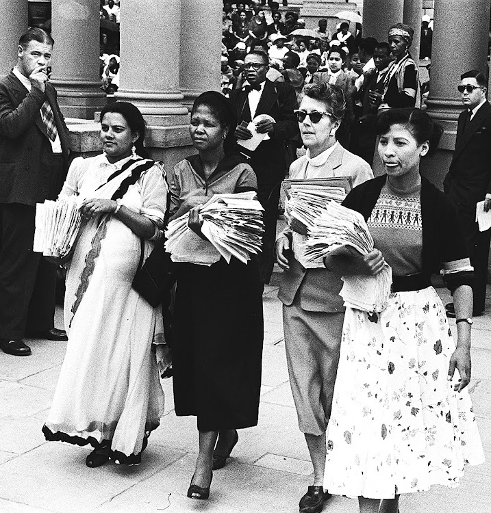 A pregnant Rahima Moosa, left, with Lillian Ngoyi, Helen Joseph and Sophie Williams at the Union Buildings on August 9 1955.