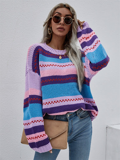 Title 2, Rainbow Color Stitching Sweater Pullover for Wo...