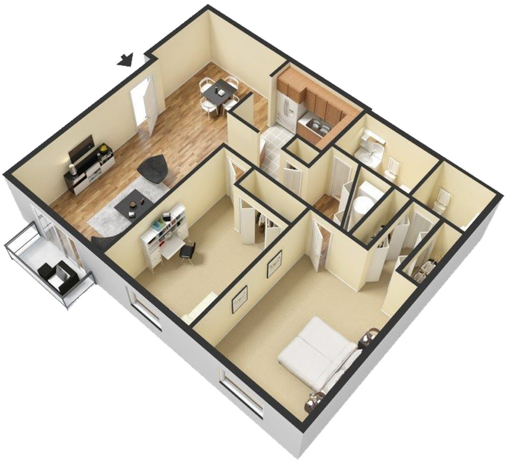 2 Bed 1.5 Bath Parisian Diagram