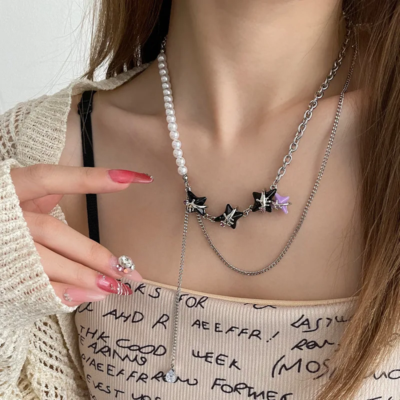 Zwart paarse asterism parelketting voor dames, speciale interesse, lichte luxe. Perfect voor een elegante uitstraling.