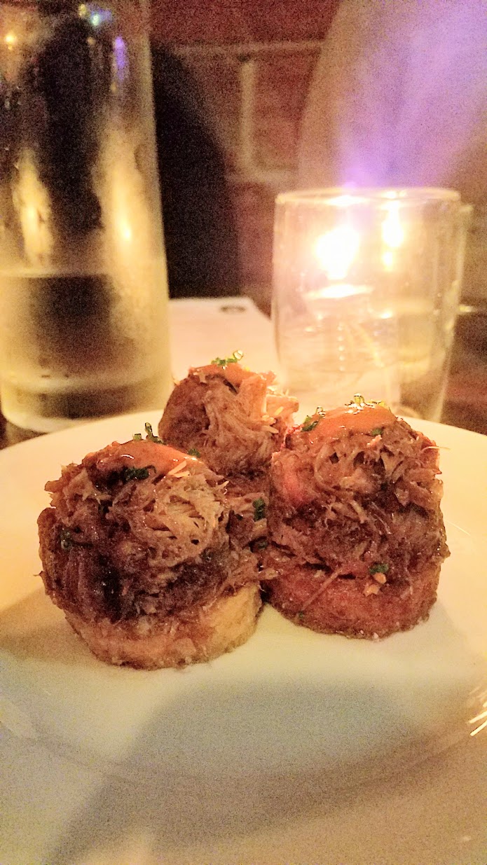 Smoked Pork shoulder with grit cake and chile purée at Radar Restaurant on North Mississippi, Portland