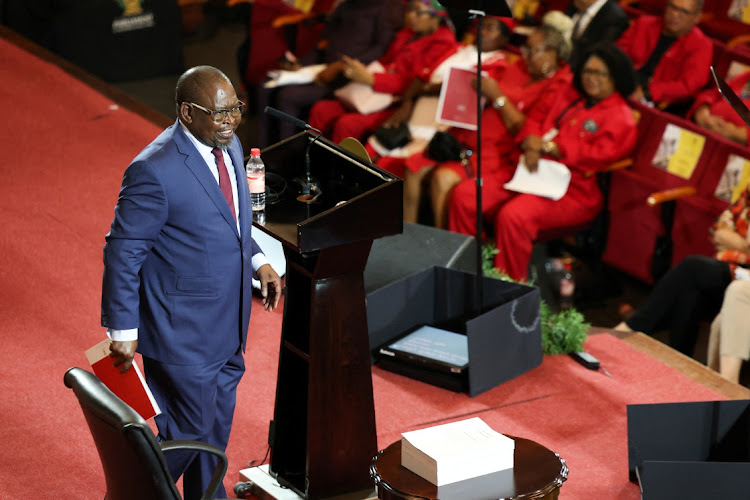 Enoch Godongwana looks on after delivering his budget speech in Cape Town on February 21. He demonstrated an awareness of the pressing realities confronting SA society, says the writer.