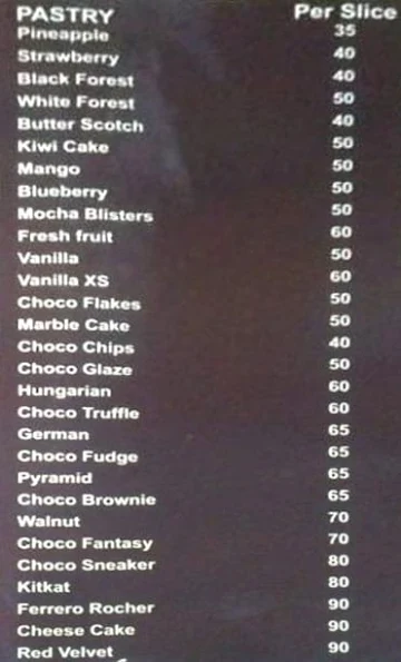 The Cake Corner menu 