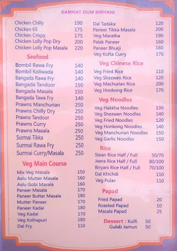 Samrat Dum Biryani & Tandoor menu 