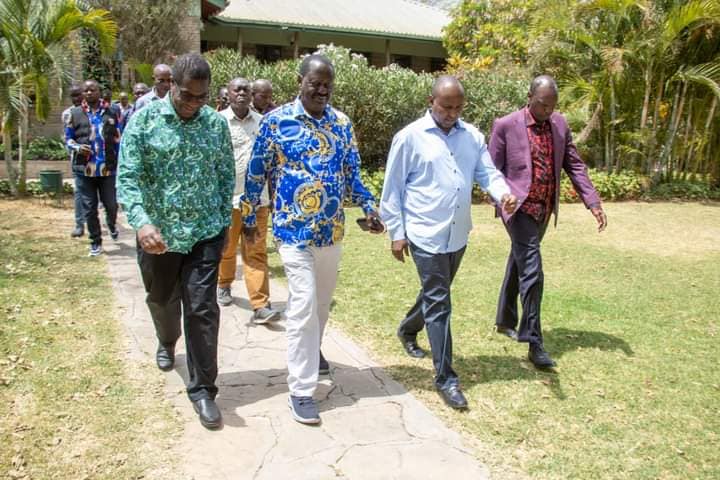 Azimio leader Raila Odinga with other leaders during a parliamentary group retreat at Maanzoni Lodge in Athi River, Machakos County on Thursday, February 9, 2023.