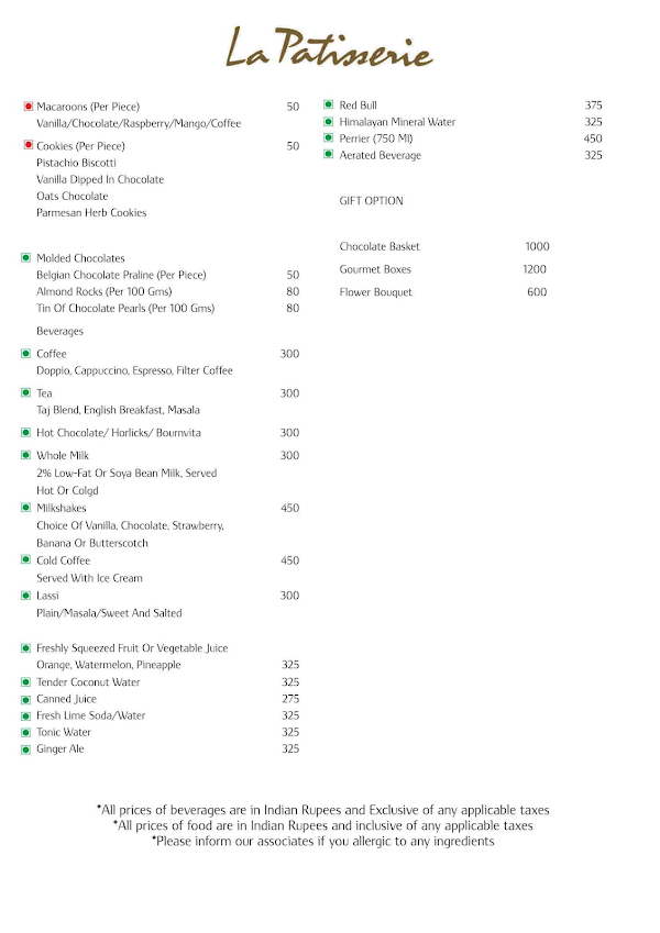 Caramel -Taj Yeshwantpur menu 