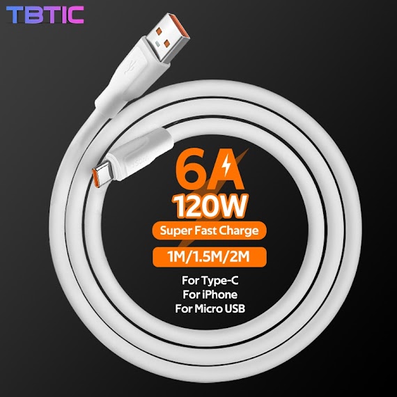 Tbtic Dây Cáp Sạc 120W 6A Micro Usb Type C Sạc Nhanh Tương Thích Với Iphone Huawei Xiaomi Redmi Oneplus