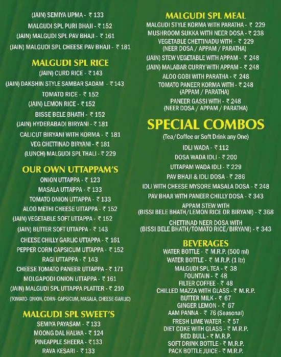 Malgudi menu 