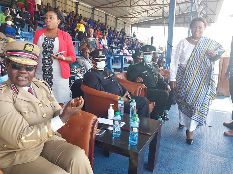 Machakos county commissioner Rhoda Onyancha with security chiefs during the 59th Madaraka Day celebrations at Kenyatta Stadium in Machakos on June 1.