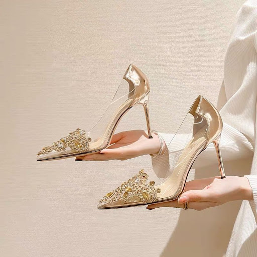 Title 8, PVC Transparent High Heel Pointed Toe Rhineston...
