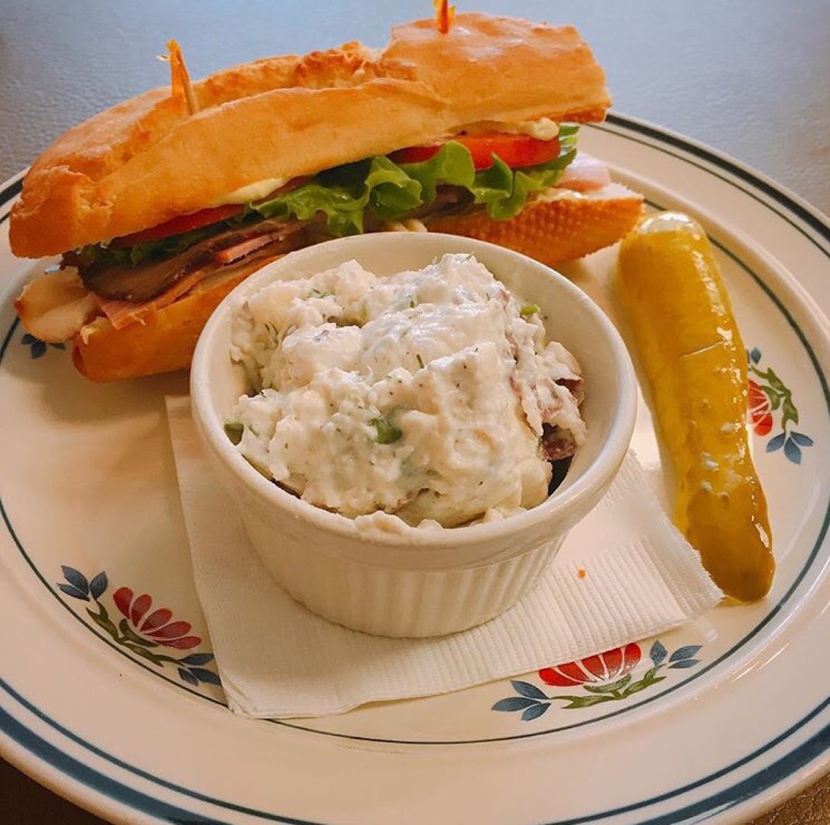 The famous New Day sub with homemade potato salad (best potato salad I've had, even before I had to go gf)