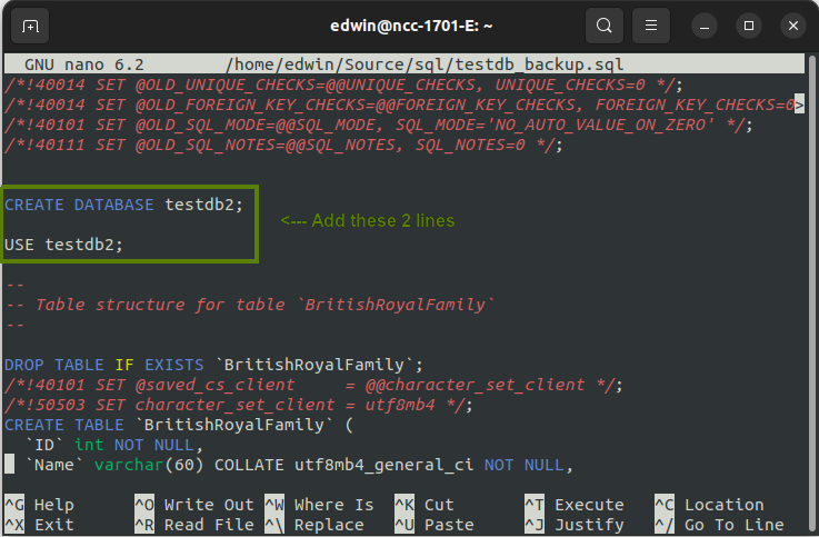 Editing the output .sql file from mysqldump to add CREATE DATABASE and USE statements.