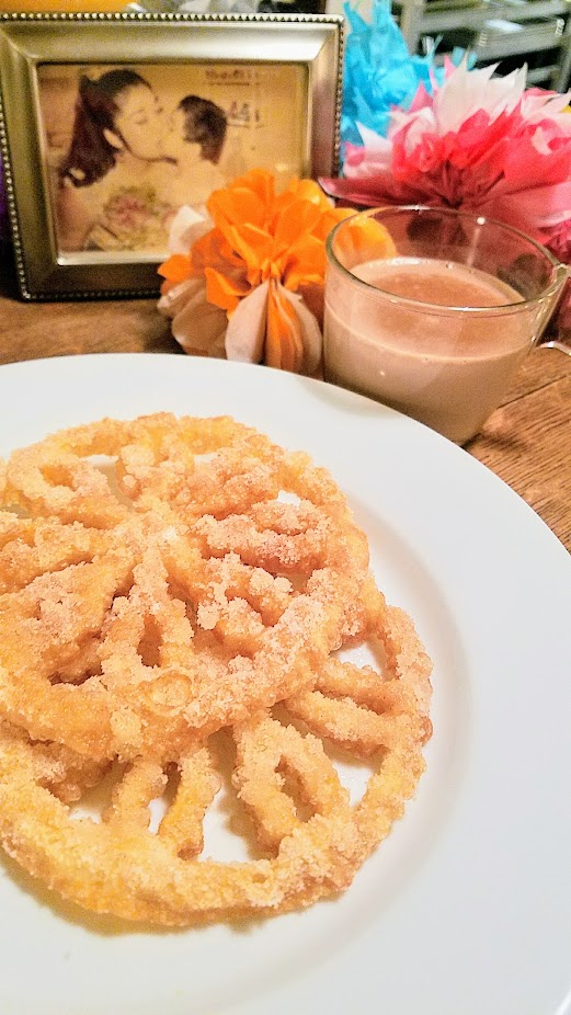 Day of the Dead or Dia de los Muertos Dinner with Hand Made Mexico with Chef Cynthia Vigil and Feastly - dessert course of Bunuelos de Viento, a thin fried treat dusted with sugar and cinnamon that is meant to bring luck, served with Mexican hot chocolate