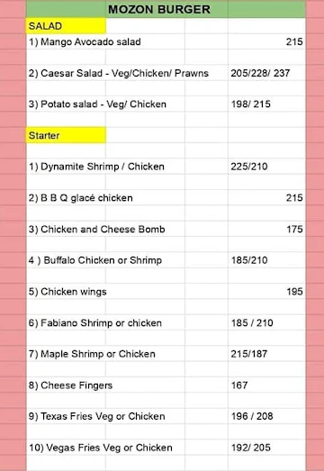 Mozon Burger menu 