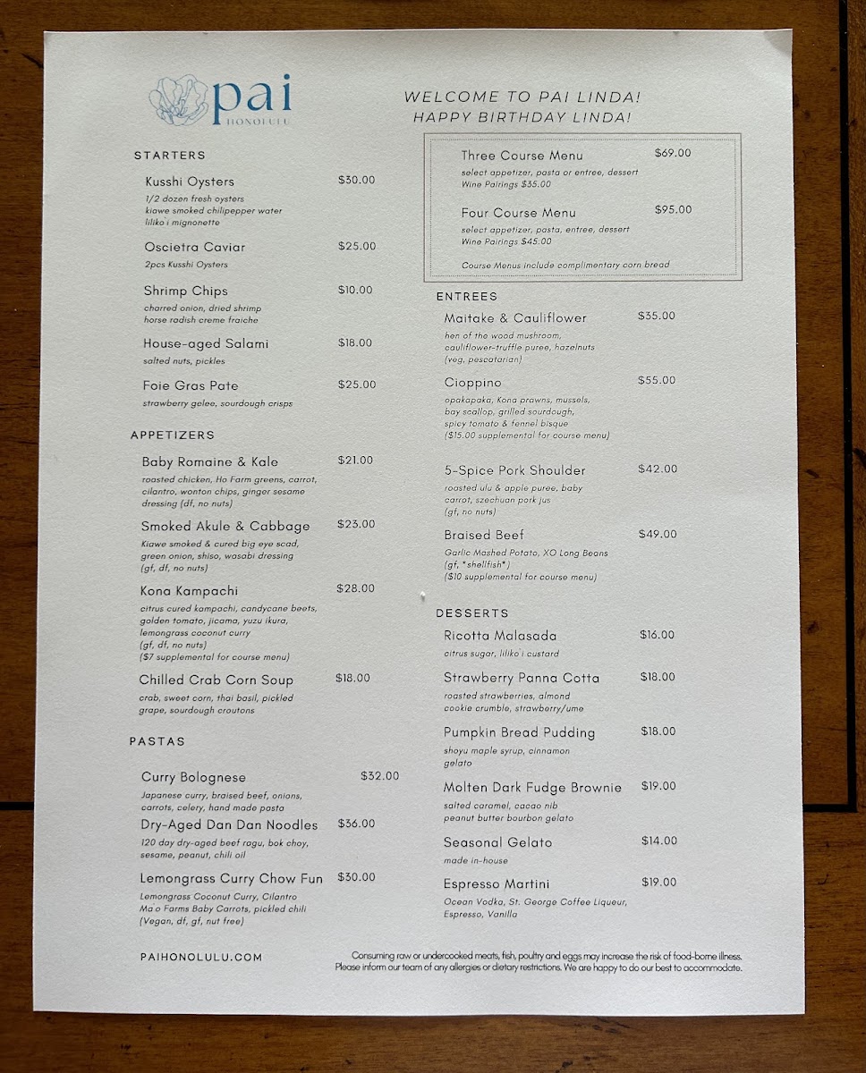 PAI gluten-free menu