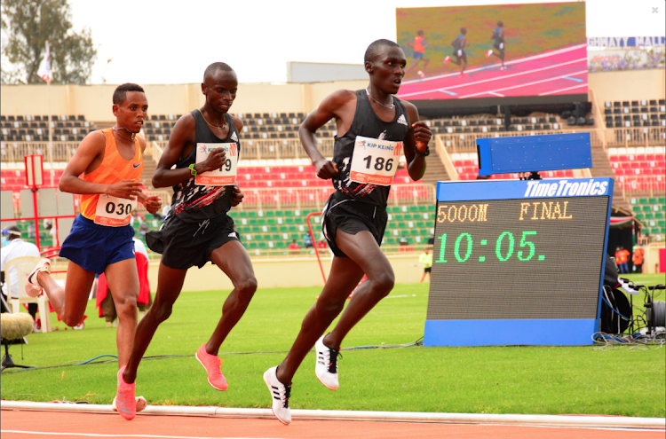 Nicholas Kimeli leads Jacob Krop and Argawi Teklehaimanot from Ethiopia in the 5,000m during the Kip Keino Classic Continental Tour at Nyayo Stadium on October 3