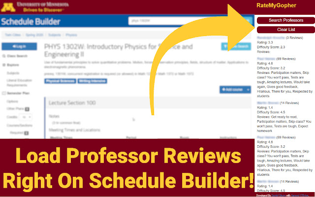 Rate My Gopher UMN Professor Ratings chrome extension
