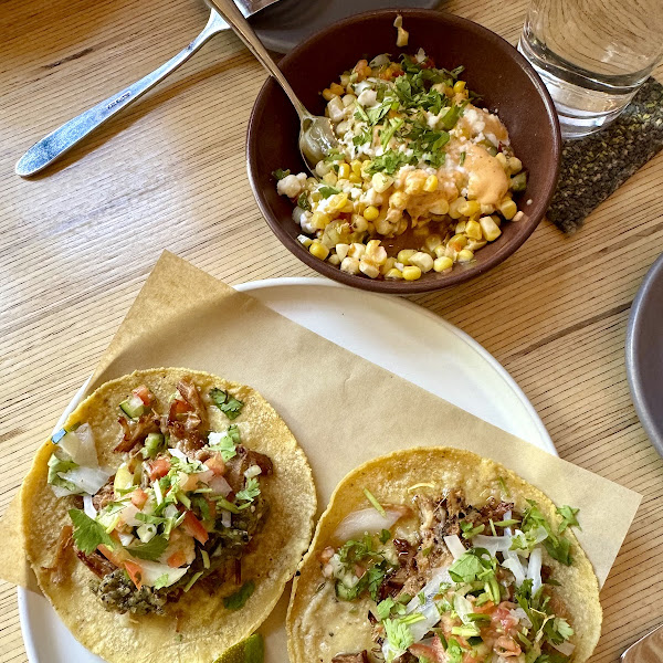 Carnitas Tacos and Grilled Elote