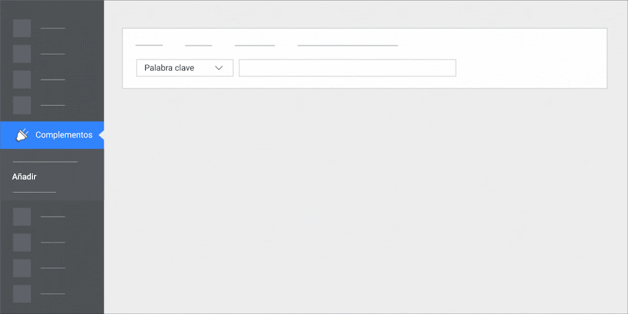Animación de la interfaz de usuario simplificada que representa cómo buscar el complemento MonsterInsights.
