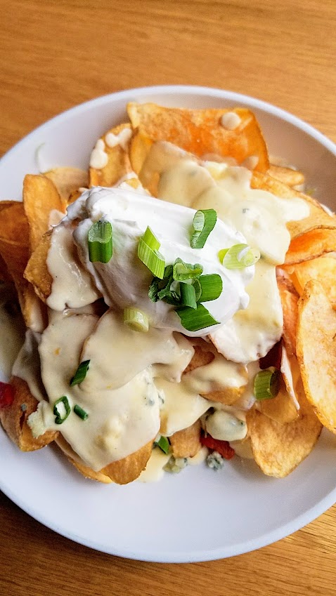 Circa 33 Blue Cheese Nachos with smoked blue cheese potato chips and optional add-ons (not here) of meat like bacon or chicken