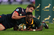 Siya Kolisi going over for a try during the 2nd Castle Lager Incoming Series Test match between South Africa and France at Growthpoint Kings Park on June 17, 2017 in Durban.